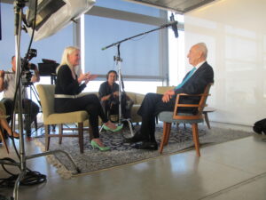 Daphne Barak filming with Shimon Peres in Tel Aviv